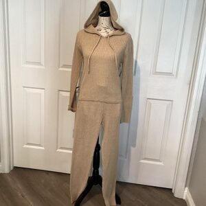 NoBo 2 Piece Women Ribbed Hoodie Sweater Jogger Set, Size L(11-13), Color Tan